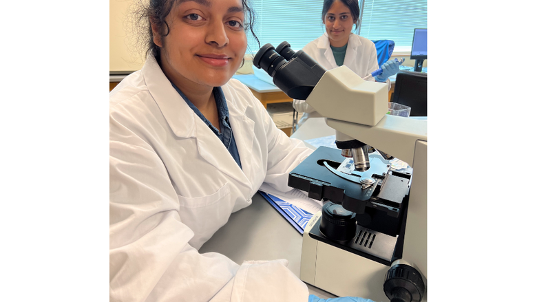 Two female biologists using microscopes